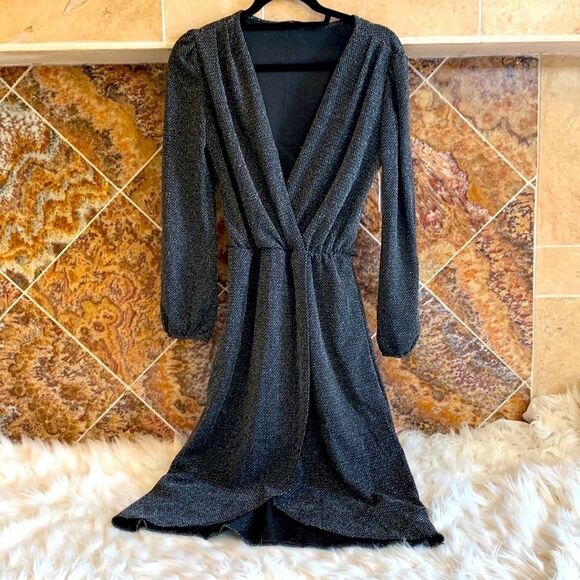 Black Silver Glitter Wrap Front Long Sleeve Minidress FRAICHE BY J Size Small - Picture 2 of 7